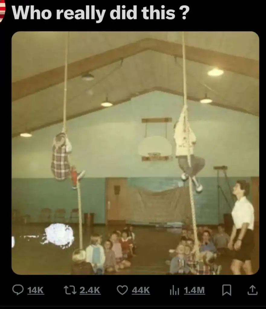 A group of young children sit on the floor in a gymnasium, watching two children climb ropes attached to the ceiling. A teacher or instructor stands to the side observing. A basketball hoop and wall padding are visible in the background.