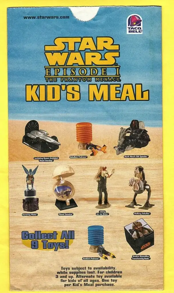 A vintage Taco Bell advertisement for Star Wars Episode I: The Phantom Menace Kid's Meal. It features collectible toys, including a podracer and various characters. The text encourages collecting all nine toys, with a desert background.