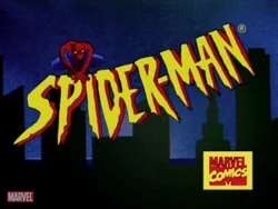 Title screen of "Spider-Man: The Animated Series" with a city skyline in the background. The word "SPIDER-MAN" is prominently displayed in yellow and red letters. The Marvel Comics logo is visible in the bottom right corner.