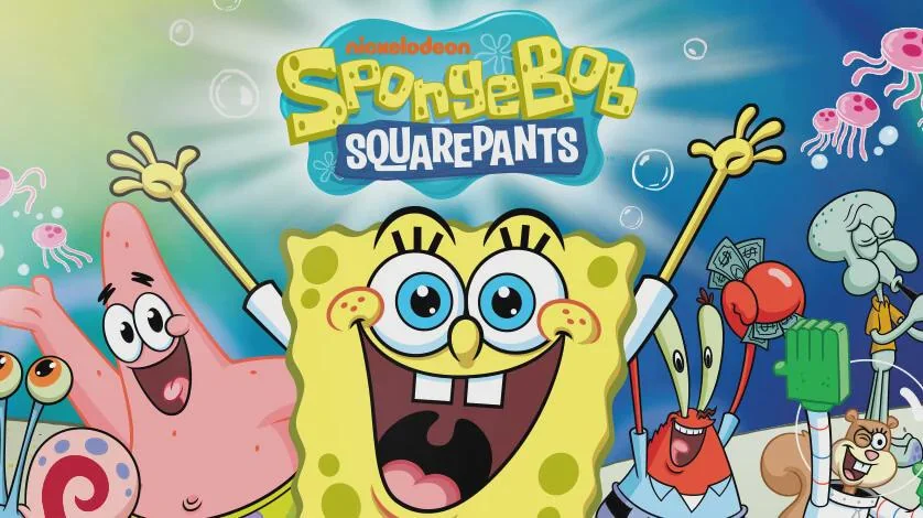 A colorful cartoon image featuring SpongeBob SquarePants in the center, surrounded by Patrick Star, Squidward, Mr. Krabs, and Gary the snail. They are all smiling underwater with jellyfish in the background, showcasing a fun and lively scene.