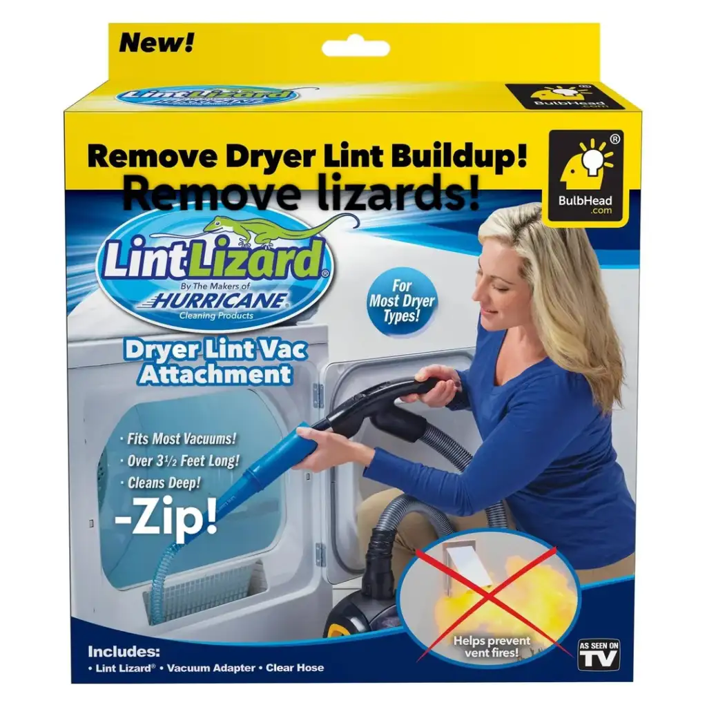 Packaging for the "Lint Lizard" showing a woman using a vacuum attachment to remove lint from a dryer. The box highlights features like fitting most vacuums, over 3.5 feet long, and includes a zippered section. Brand logo: BulbHead.