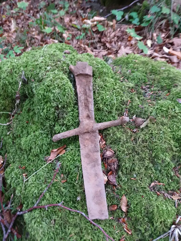 A rusted sword hilt lies on a moss-covered rock surrounded by fallen leaves and small plants in a forest setting. The hilt's weathered surface indicates age, blending into the natural green and brown hues of the environment.