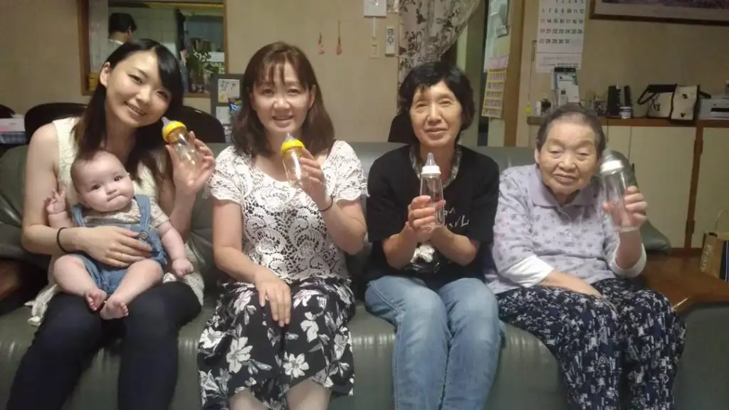 A group of five people, including a baby, sit on a couch. Four women hold baby bottles. The baby, seated on one woman's lap, is wearing overalls. The setting appears to be a cozy living room.