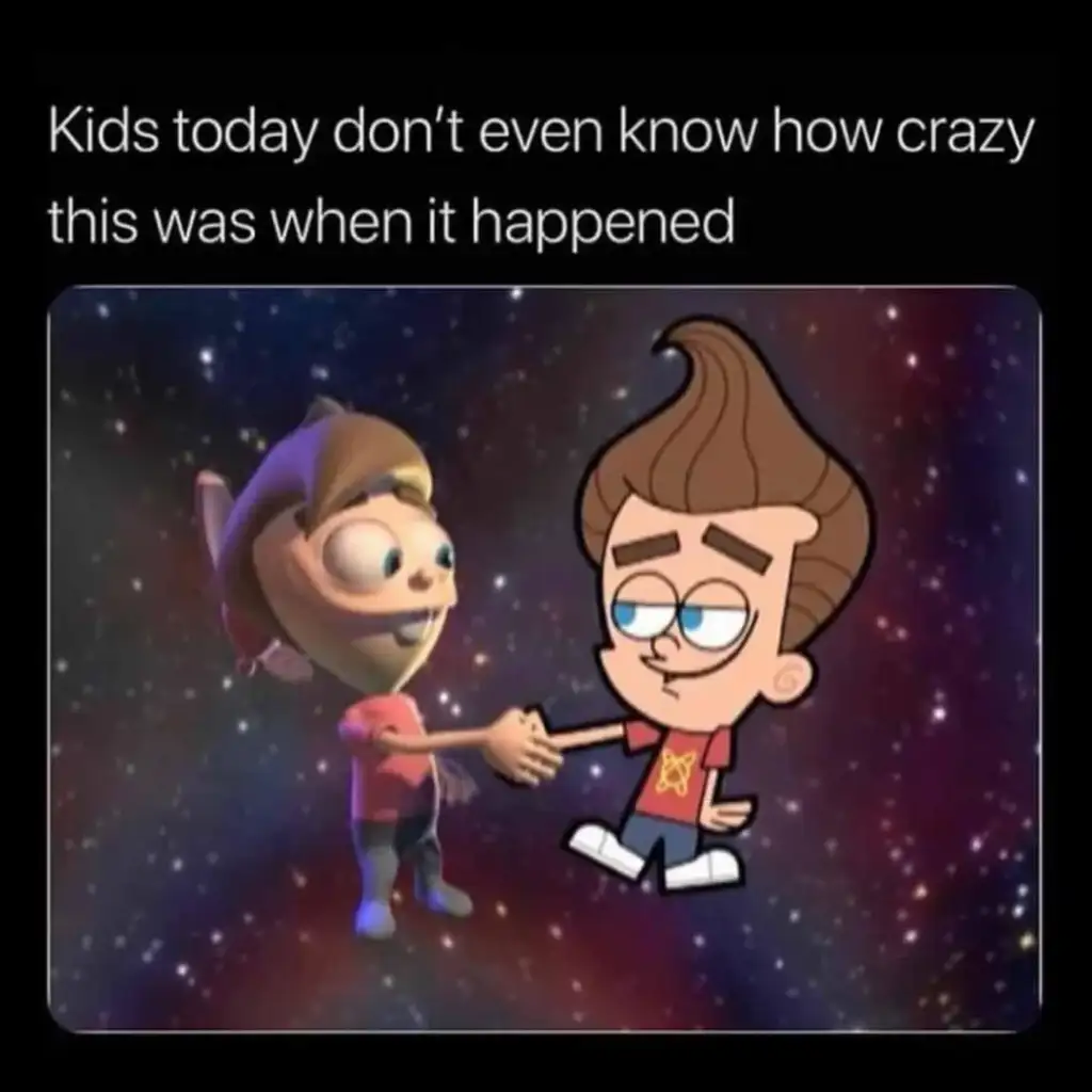 A 3D animated character and a 2D animated character shake hands in a colorful, cosmic background. Text above reads, "Kids today don’t even know how crazy this was when it happened.