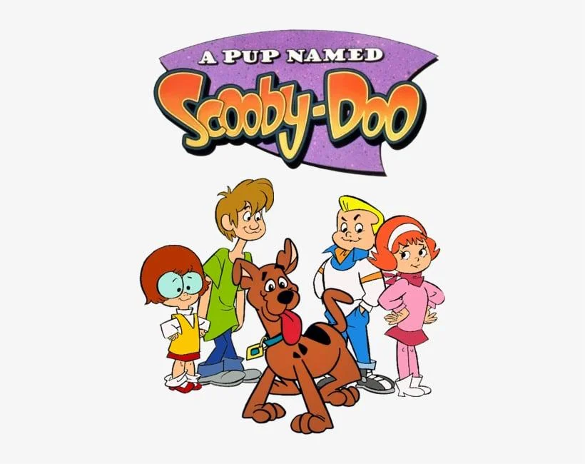 Illustration of the characters from "A Pup Named Scooby-Doo." Features a young Scooby-Doo in front, with child versions of Velma, Shaggy, Fred, and Daphne standing behind him. The title is displayed above them.