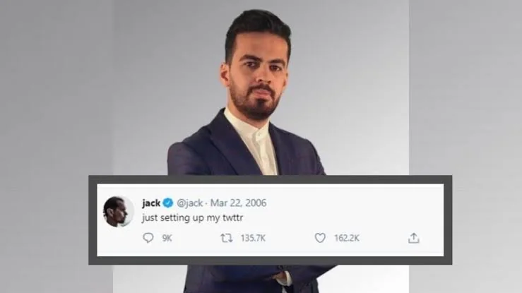 A man in a suit stands with arms crossed against a gray background. In front of him is a screenshot of a tweet with the text, "just setting up my twttr," dated March 22, 2006. The tweet displays engagement metrics below it.