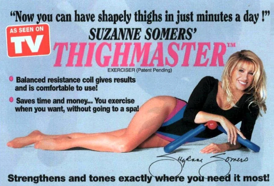 Promotional image for the ThighMaster exercise device features a woman lying on her side using the product. Text includes benefits such as shaping thighs in minutes and saving time and money. "As Seen on TV" logo and product branding are present.