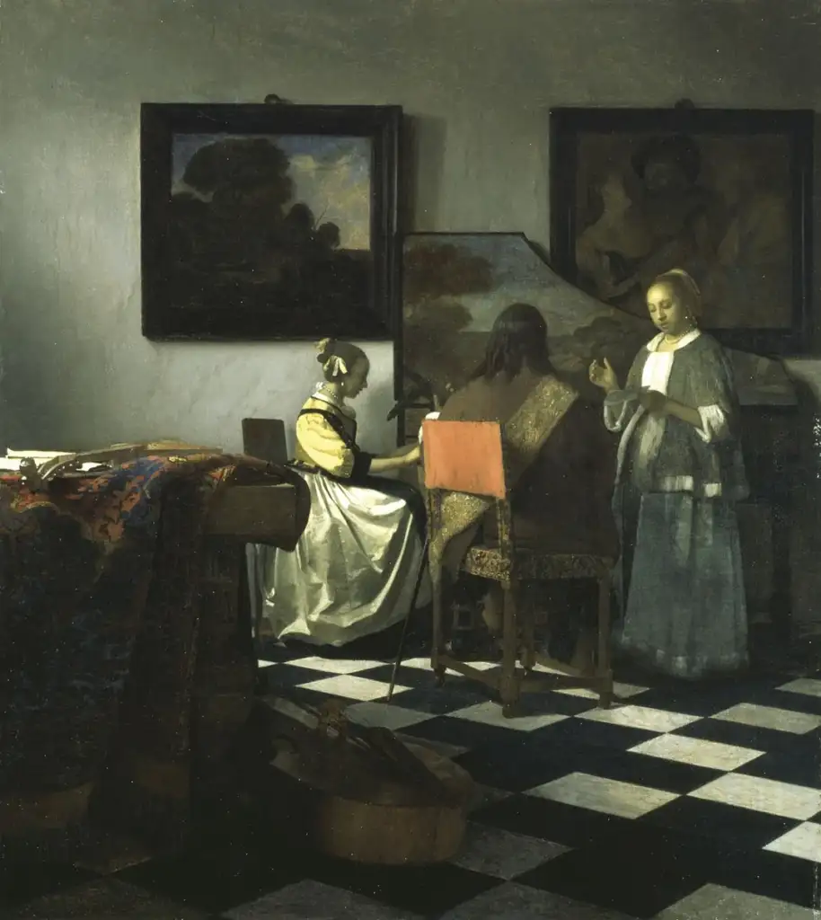 A 17th-century painting depicts three people in a room with checkered flooring. An artist paints a portrait of a woman seated beside a harpsichord. Another woman stands holding sheet music. Two framed paintings adorn the walls.