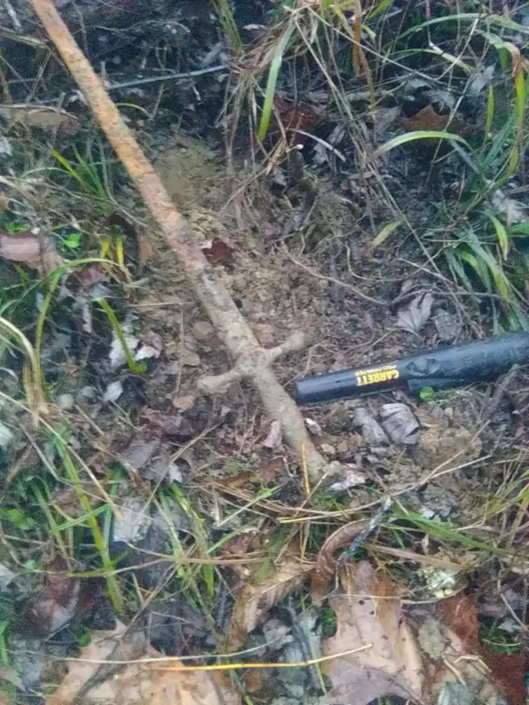 A muddy and grassy area with a long stick partially buried in the ground and a black tool with a yellow label resting on it. Fallen leaves surround the area.