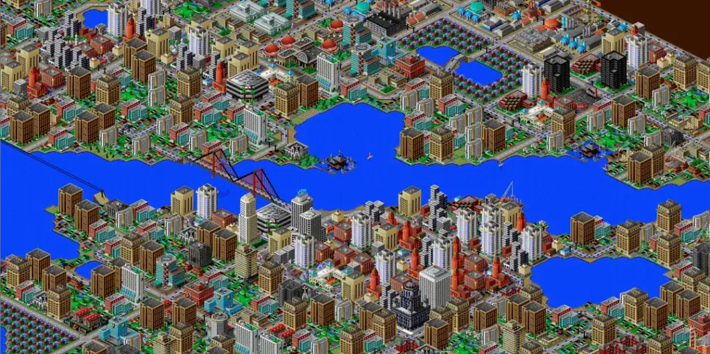 A detailed isometric city simulation featuring various buildings, lakes, and bridges. The vibrant scene includes skyscrapers, residential areas, parks, and bodies of water, showcasing urban planning in a pixelated game environment.