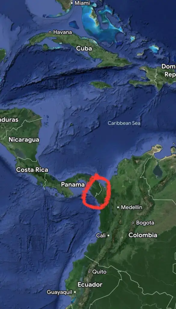 A satellite map highlighting the Caribbean region. A red circle marks an area near Panama and Colombia, over the Caribbean Sea. Surrounding countries like Cuba, Nicaragua, Costa Rica, and Venezuela are visible.