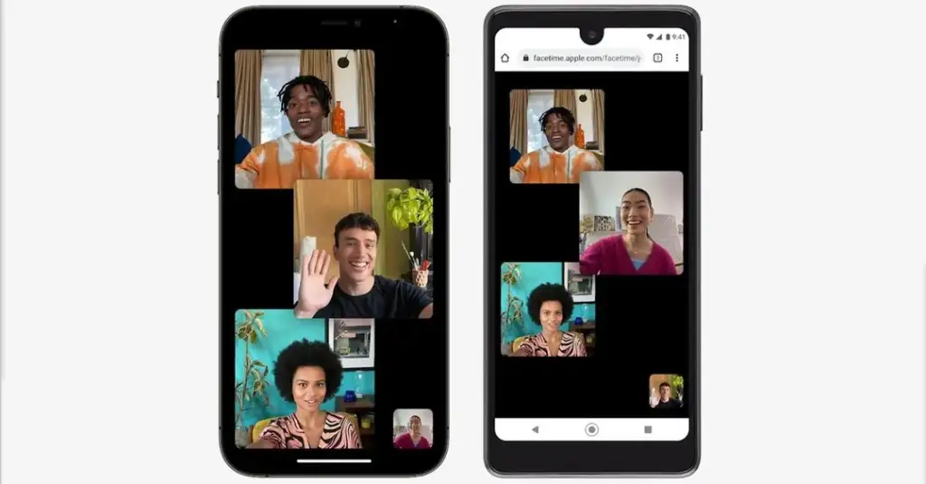 A video call on two smartphones shows four people, each in their own window. One person is on the left phone, smiling and wearing an orange top. Three people are on the right phone, each appearing in smaller windows, waving and smiling.