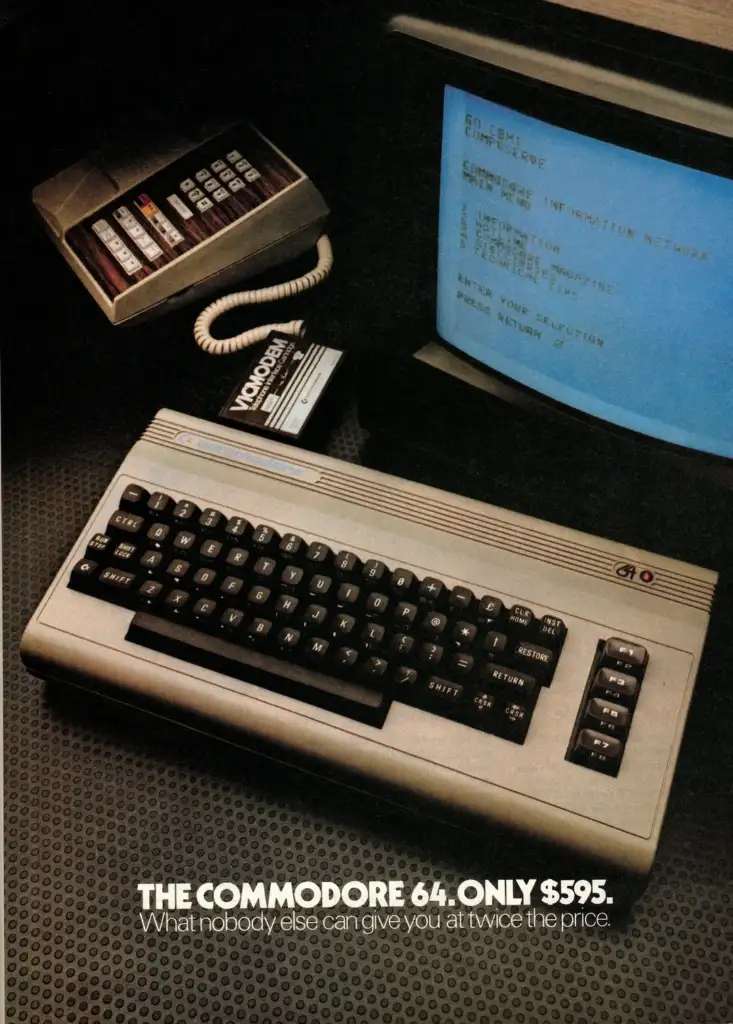 Advertisement featuring the Commodore 64 computer, showing a keyboard, monitor displaying text, and a tape drive. The text in the ad highlights the price of $595 and mentions the value compared to competitors.