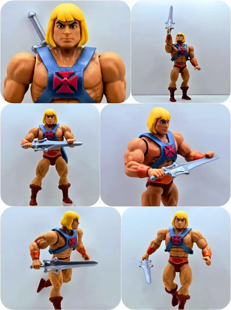 Collage of a muscular action figure with blond hair and a blue chest harness featuring a red cross. The figure holds a silver sword in various action poses, highlighting strength and dynamic movement.