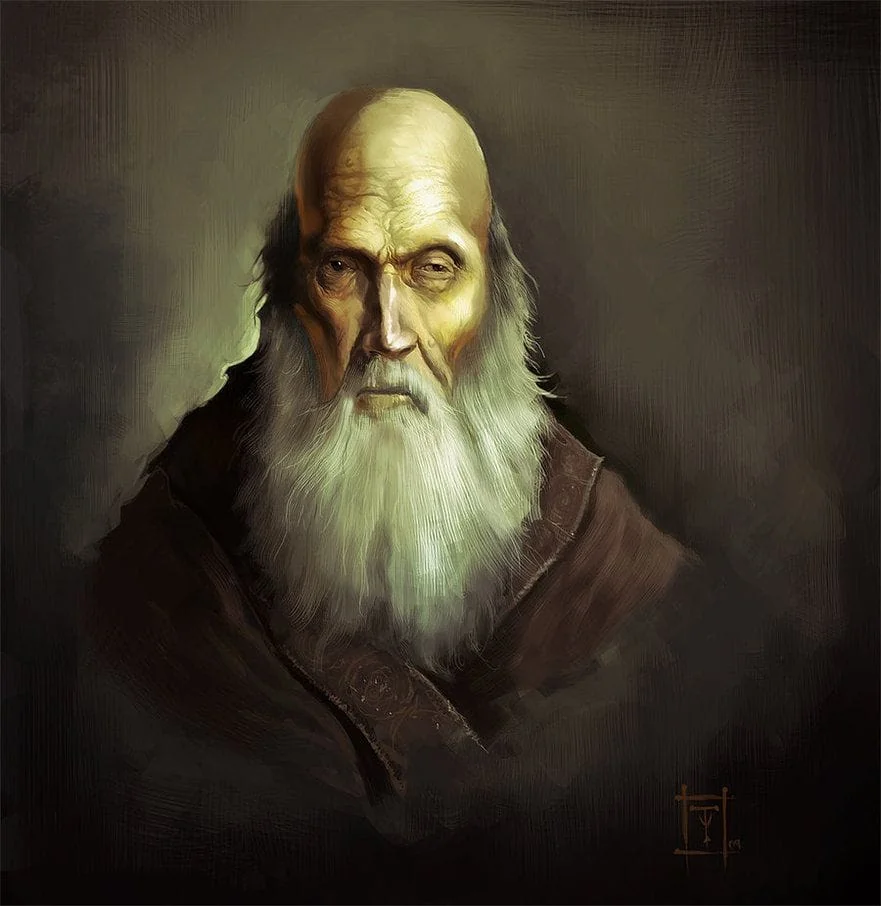 Painting of an elderly man with a long white beard and a solemn expression, wearing a dark robe. The background is dark, highlighting his stern face and the age lines on his skin. The lighting accentuates his thoughtful demeanor.