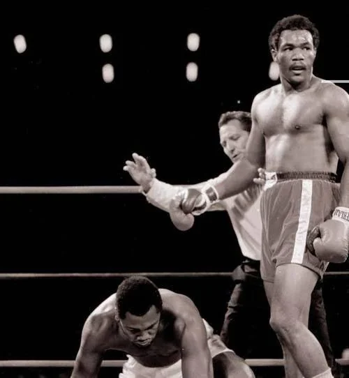 A boxer in dark trunks stands confidently in a ring while another boxer in white trunks is down on one knee. A referee in the background appears to be signaling. The scene takes place under bright overhead lights.