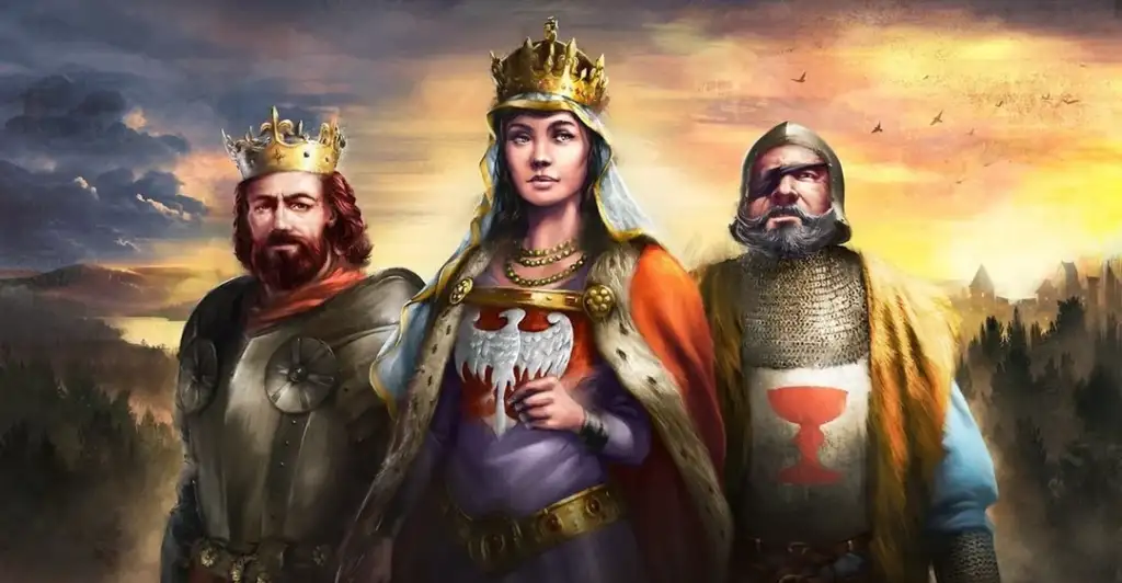 Illustration of three medieval figures: a bearded man in armor and crown, a woman in a crown and royal robes, and a knight in chainmail and helmet. They stand against a dramatic sunset landscape with a few birds in the sky.