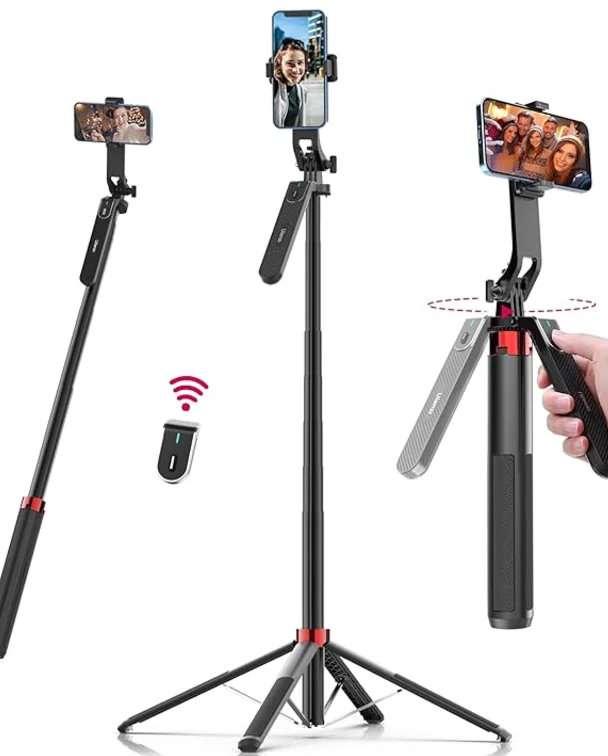 Three images show a multifunctional selfie stick with a smartphone holder, tripod legs, and detachable remote. The stick is extended in different lengths, demonstrating its versatility for taking photos and videos.