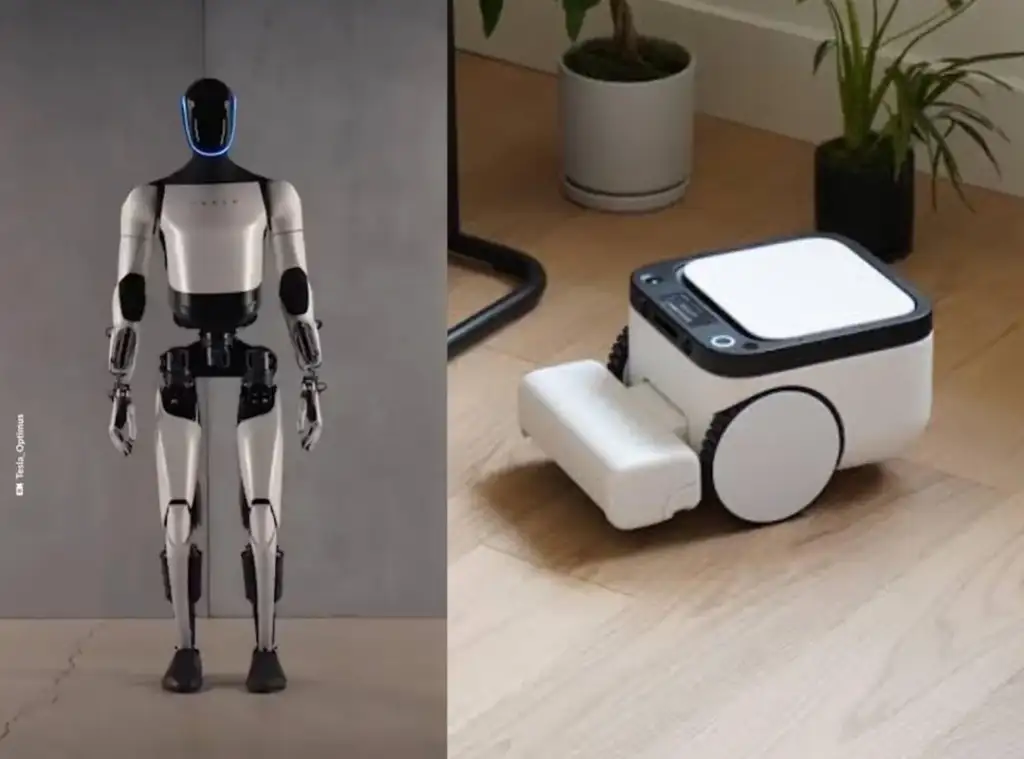 On the left, a humanoid robot with a sleek, black-and-white design is standing. On the right, a small, wheeled robot with a rectangular body is positioned on a wooden floor near plants.