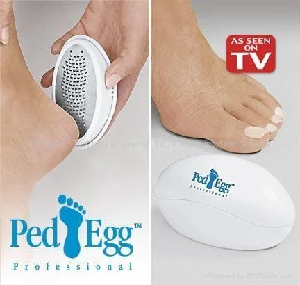 A product image of the Ped Egg Professional, a foot care tool for removing calluses. The left side shows it in use on a foot, while the right side displays its closed white case. There's an "As Seen on TV" label in the top right corner.