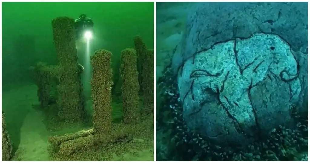 Left: A diver explores wooden structures covered in marine organisms under murky green water. Right: A rock with an ancient animal carving, possibly a mammoth, lying on a seafloor surrounded by marine life.