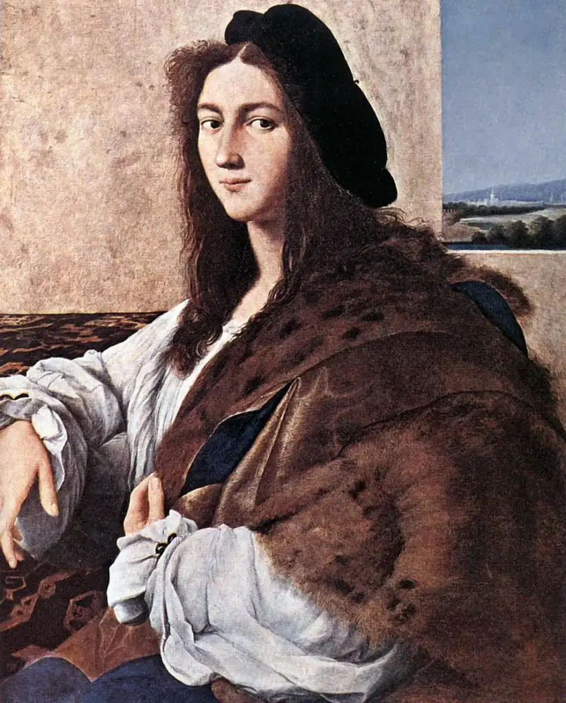 A portrait of a young person with long hair wearing a black cap, a white shirt, and draped in a fur-lined cloak. They sit against a simple interior backdrop with a landscape visible through a window.