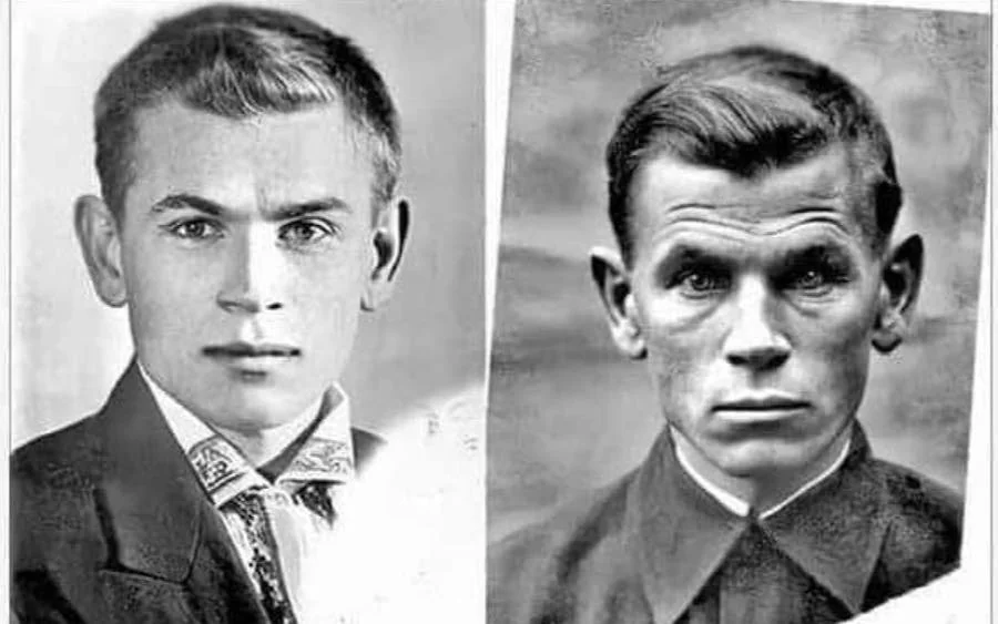 Two black and white portrait photos side by side. Both depict a man with short hair, wearing a collared shirt. The left image has softer lighting, while the right image has more contrast, highlighting facial features sharply.