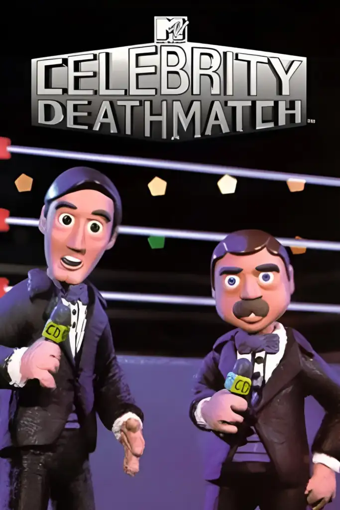 Claymation figures of two male hosts in suits with microphones stand in a wrestling ring. The banner reads "MTV Celebrity Deathmatch.