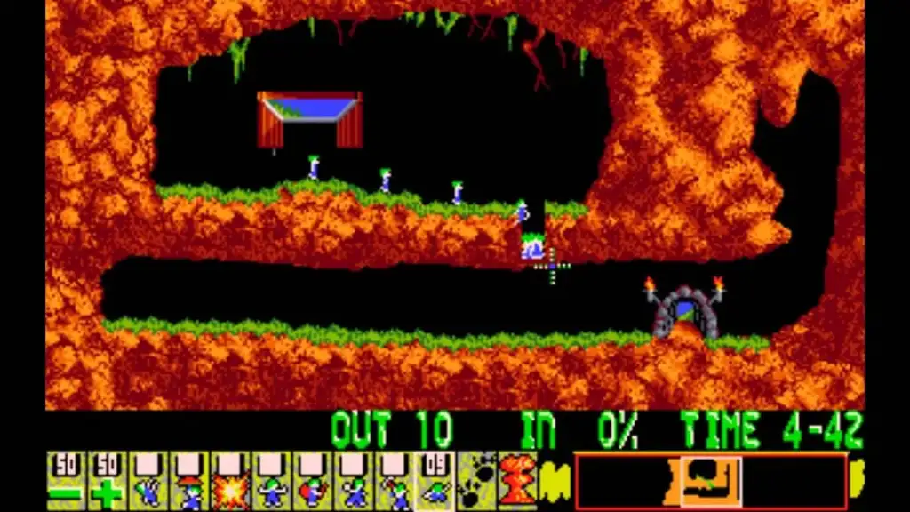 Screenshot of a classic video game showing small figures navigating a cavernous landscape. The screen displays 10 figures exiting, with tools and commands at the bottom, and a timer counting down from 4:42.