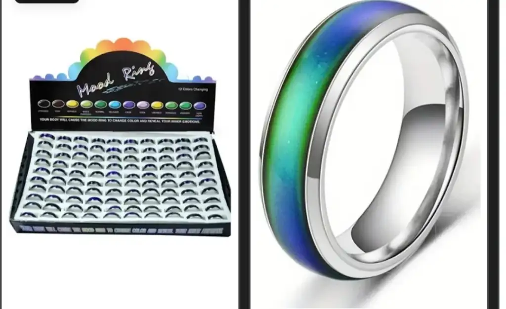 Display of mood rings in a box, with a close-up of one ring featuring a blue and green gradient. The box has a rainbow label that reads "Mood Rings" and shows different color options.