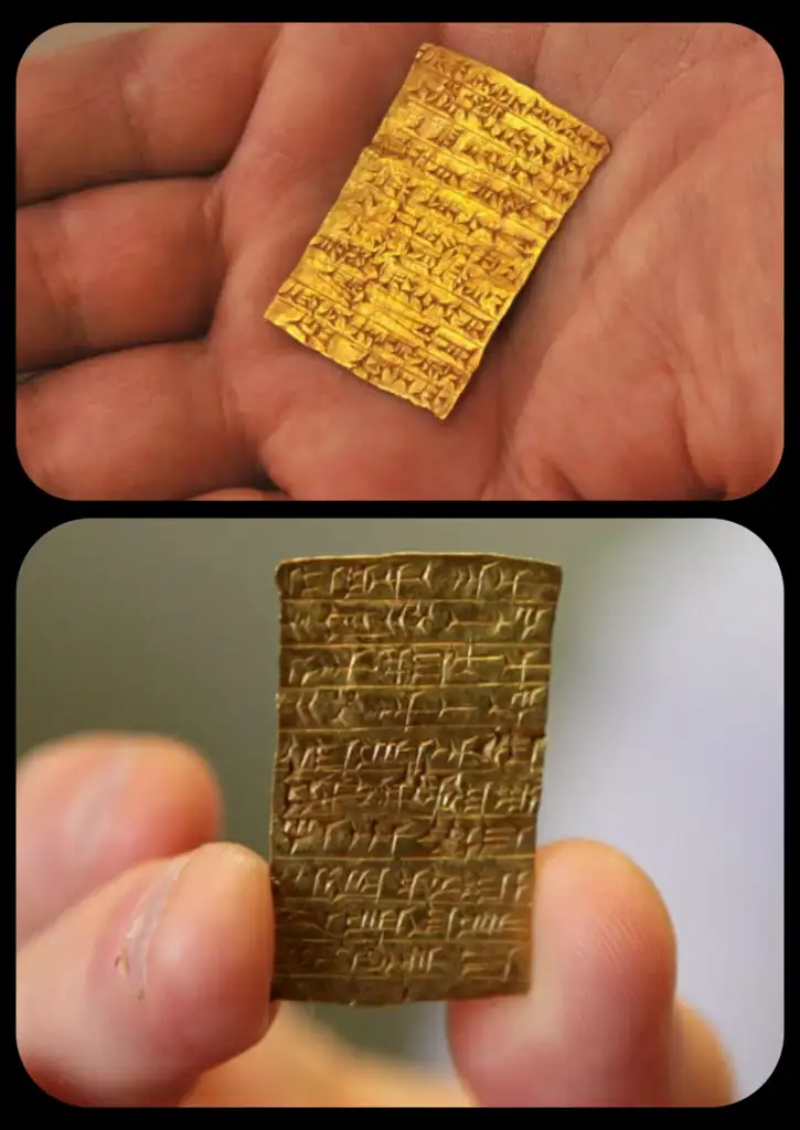 Two images show small gold tablets with intricate ancient inscriptions. The tablets are held in hands, highlighting fine details and craftsmanship.