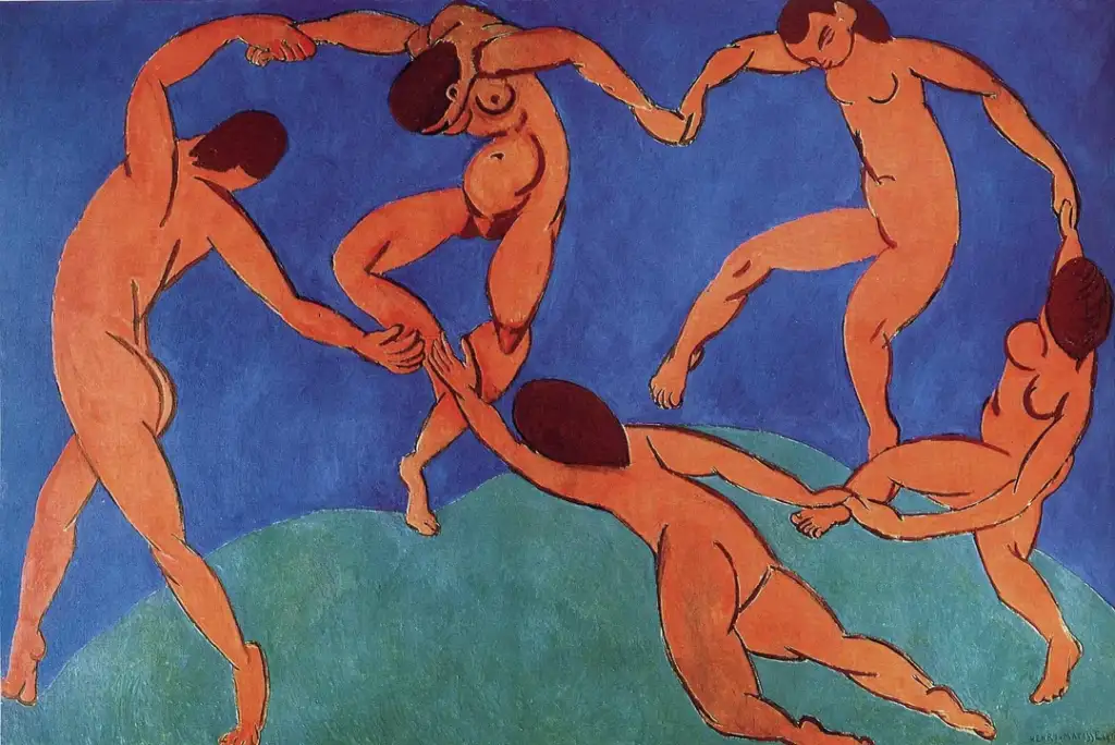 Five nude figures hold hands and dance in a circle against a vivid blue background. Their bodies are rendered in warm, earthy tones, set on a green, curved ground, conveying movement and rhythm.