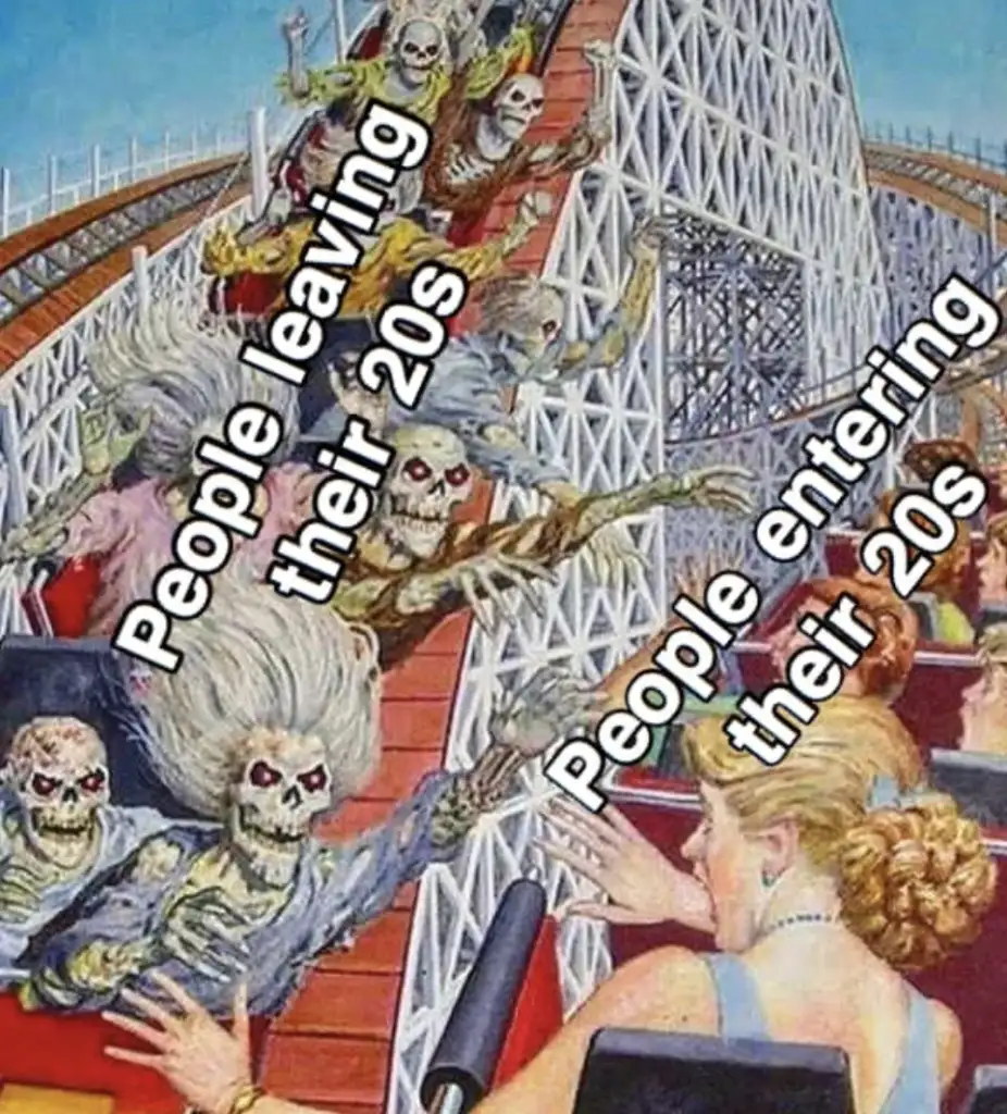 A roller coaster filled with skeletons labeled "People leaving their 20s" descends rapidly. A young woman labeled "People entering their 20s" rides up the hill, looking forward. The image humorously contrasts aging experiences.