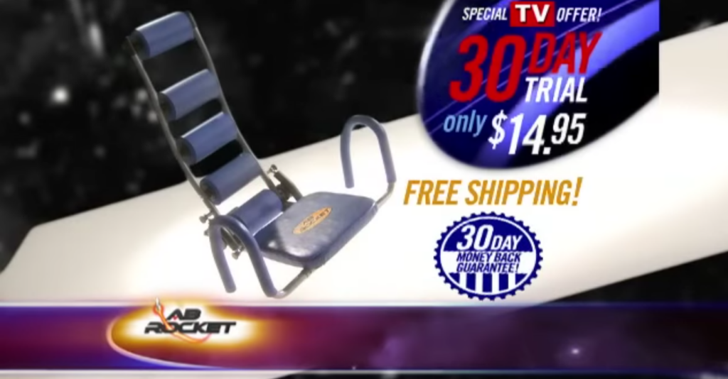 Advertisement for "Ab Rocket" exercise equipment. Features a blue and black chair-like device with back support and handles. Text highlights a special TV offer: 30-day trial for $14.95, free shipping, and a 30-day money-back guarantee.