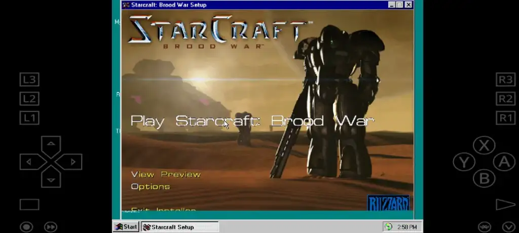 The image shows the setup screen for the game "StarCraft: Brood War." It displays a futuristic soldier in armor standing in a desert-like environment. The screen offers options such as View Preview, Options, and Exit Installer.