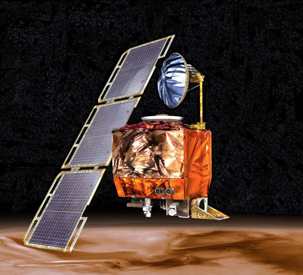 Illustration of an orange spacecraft with solar panels orbiting a planet. The spacecraft features a large dish antenna and a textured metallic surface, set against a backdrop of space with scattered stars.