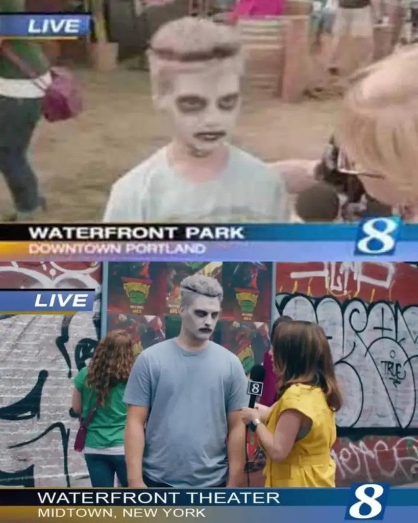 Two images show a person with face paint resembling a skeleton being interviewed by a reporter. The setting is a park in Portland in the first image and a theater in New York in the second. News banners display "Waterfront Park" and "Waterfront Theater.