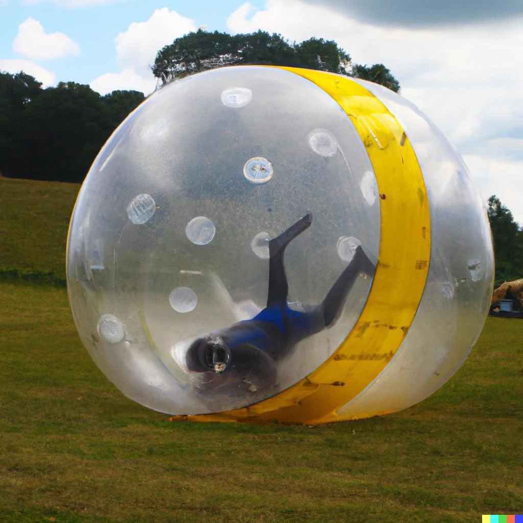 A person wearing a black wetsuit is inside a large transparent inflatable ball, rolling on a grassy field. The sky is partly cloudy, and trees are visible in the background.