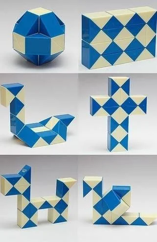 A series of six images show blue and white geometric shapes made from connected triangles. The shapes include a ball, rectangle, swan-like figure, cross, abstract animal form, and a zigzag pattern.