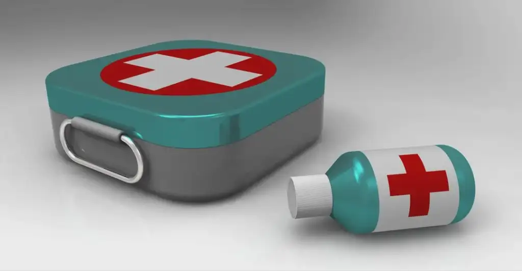 Illustration of a first aid kit, including a teal box with a red and white cross on the lid, and a small bottle with a similar design lying beside it. The background is a simple gradient.