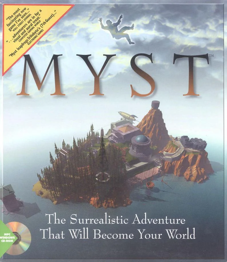 Cover of the game "Myst" featuring a floating island with various structures. A person falls downward above the title. Text reads "The Surrealistic Adventure That Will Become Your World." Includes a CD-ROM label.