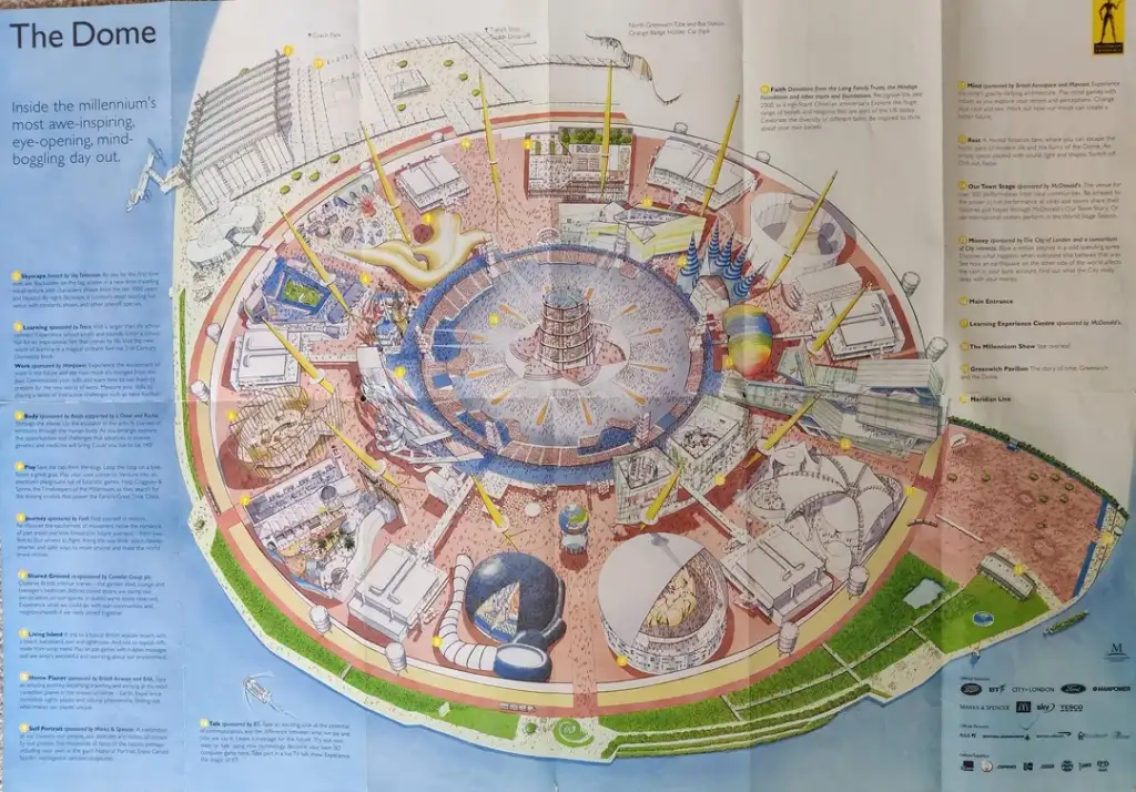 Illustrated diagram of the Millennium Dome, featuring labeled sections with attractions and exhibits. The circular layout includes buildings, pathways, and greenery, surrounded by water on one side. Text and images describe various features and are numbered.