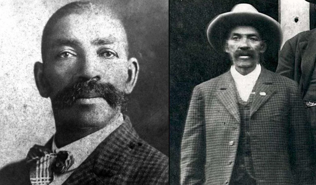 Historical black-and-white photo featuring two portraits of a man with a mustache. On the left, a close-up of his face dressed in a suit and bow tie. On the right, a full-body view wearing a suit, tie, wide-brimmed hat, and a badge on his chest.