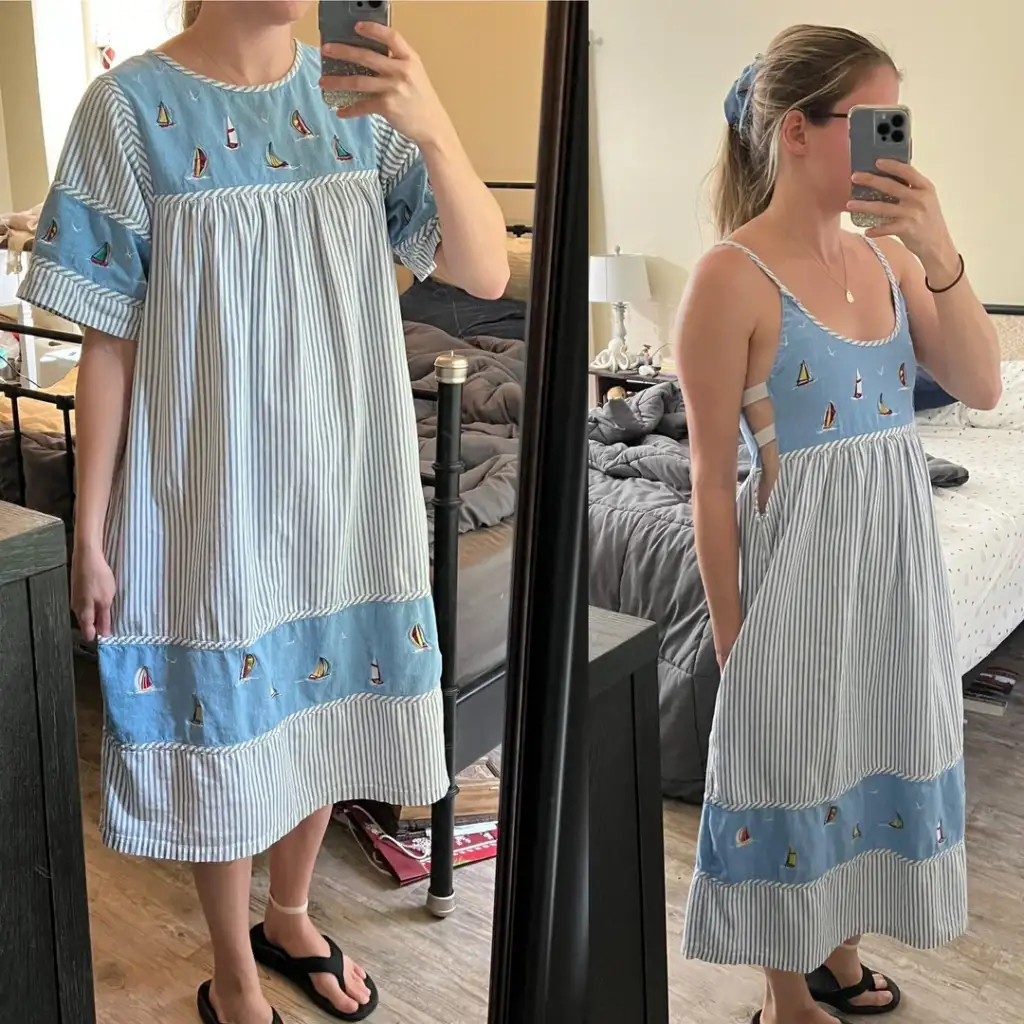 Two women stand in a bedroom wearing dresses with blue sailboat patterns. One wears a short-sleeved loose dress, the other a sleeveless fitted dress. Both have their hair tied back and are taking mirror selfies with a phone.