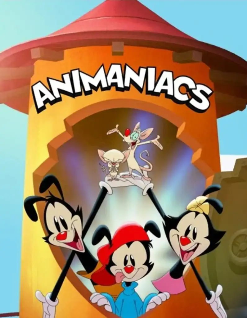 Cartoon image of animated characters Yakko, Wakko, and Dot in front of the Warner Bros. water tower, with the title "Animaniacs" above them. Pinky and the Brain are also visible on top of the tower.