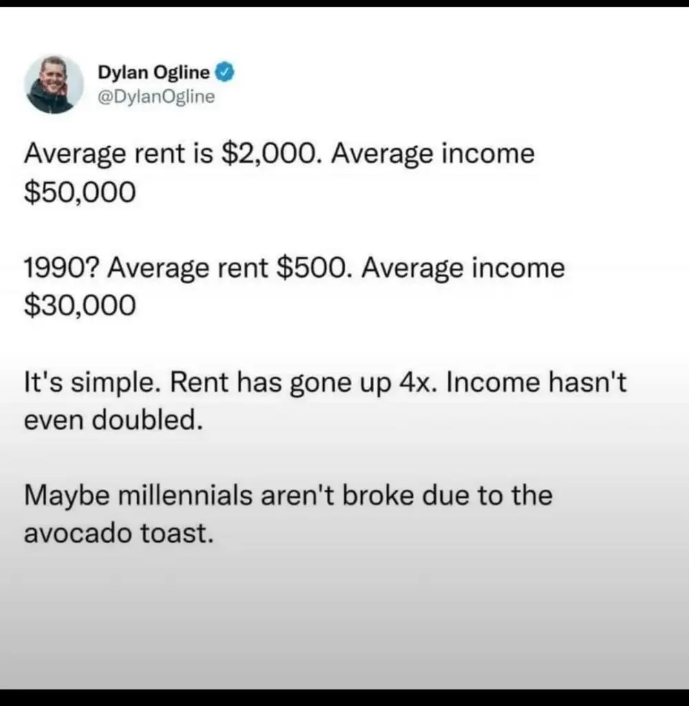 Screenshot of a tweet discussing the disparity between rent and income from 1990 to the present. It argues that while rent has quadrupled, income hasn't doubled, suggesting millennials have financial challenges beyond lifestyle choices.