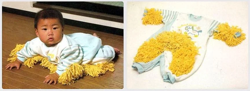 A baby wearing a onesie with yellow mop-like fringes on the arms and legs, playfully resembling a cleaning tool. The right side displays the fringed onesie laid out flat on a surface, showing a blue and white design with a small horse graphic.