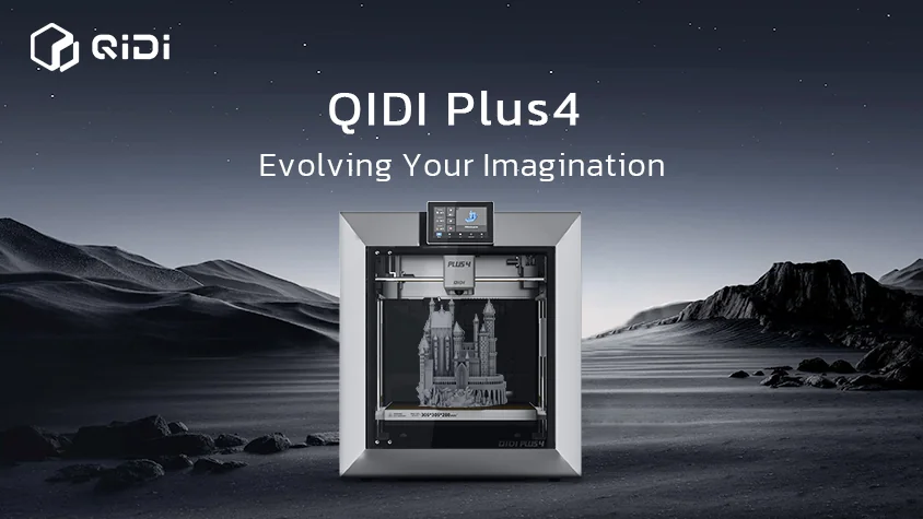 An image of the QIDI Plus4 3D printer set against a futuristic, moonlit landscape with mountains. The text reads, "QIDI Plus4: Evolving Your Imagination.