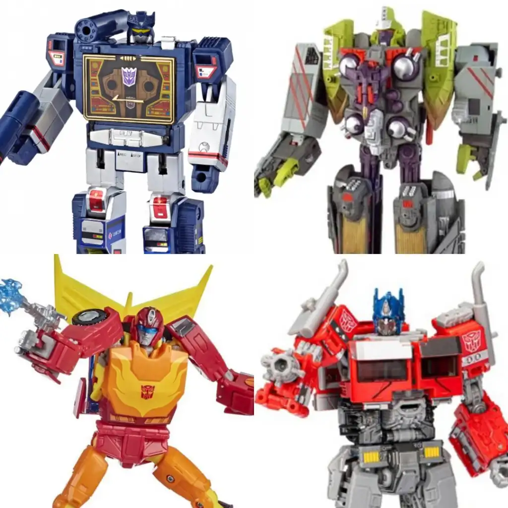 Four action figures of Transformers characters in different poses. The top left is a blue and yellow robot, top right is a green and gray robot, bottom left is a red and orange robot, and bottom right is a red and gray robot with blue accents.