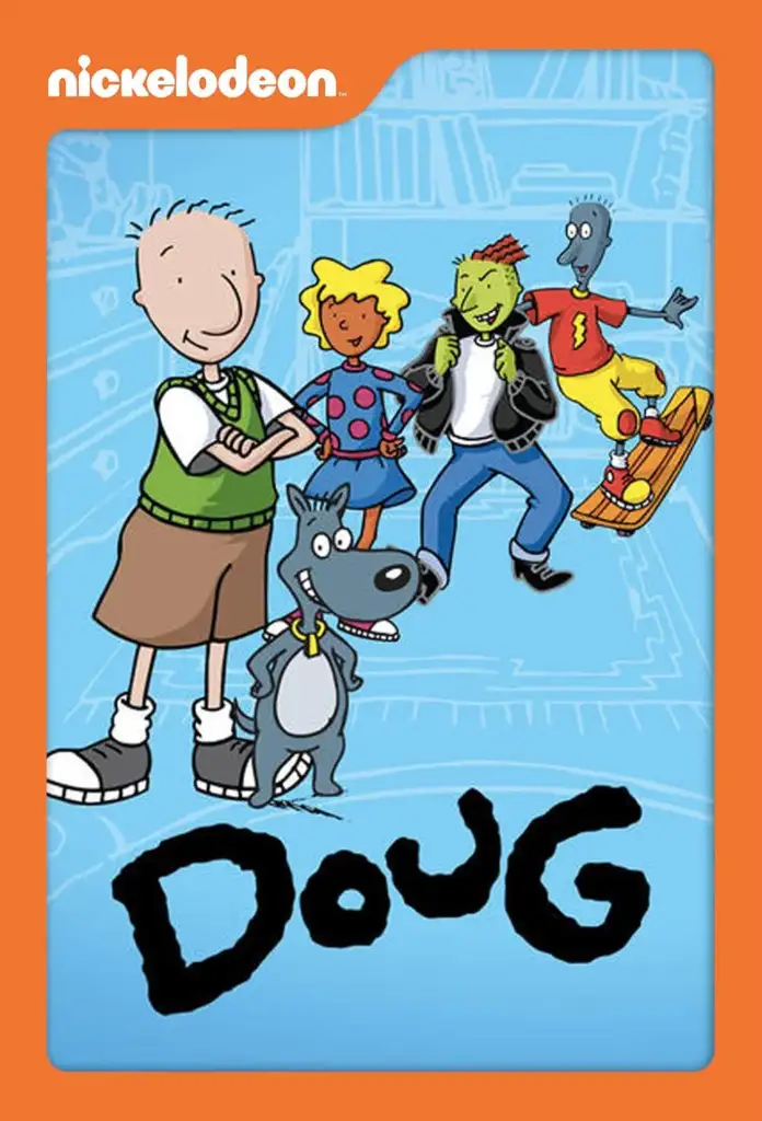 Illustration of characters from the show "Doug." A boy in a sweater vest stands with a dog, a cheerful girl, a green-skinned boy in a jacket, and a blue-skinned boy on a skateboard, all set against a blue background with an orange Nickelodeon logo.